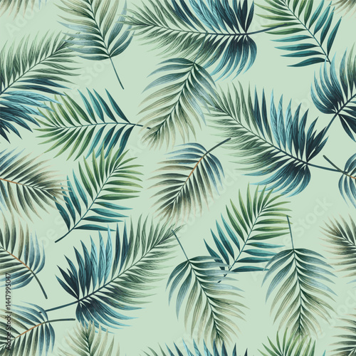 Vector seamless pattern wit realistic watercollor painted tropical palm trees