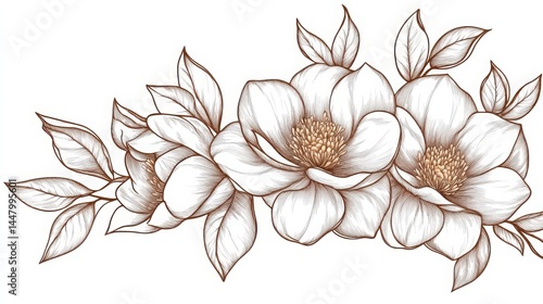 Elegant Floral Arrangement of White Magnolia Flowers in Line Art