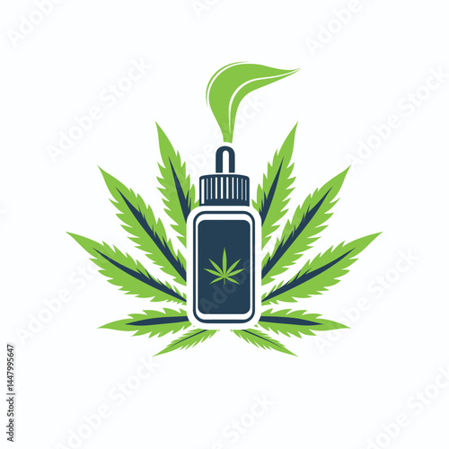Cannabis oil dropper surrounded by green leaves.