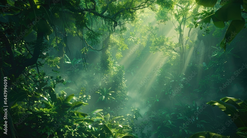 Lush jungle scene bathed in sunlight and mist. Lush jungle scene bathed in sunlight and mist.