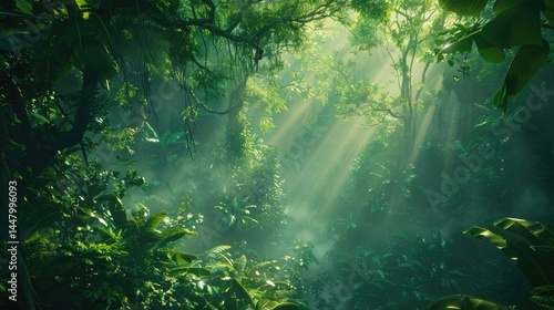 Lush jungle scene bathed in sunlight and mist.