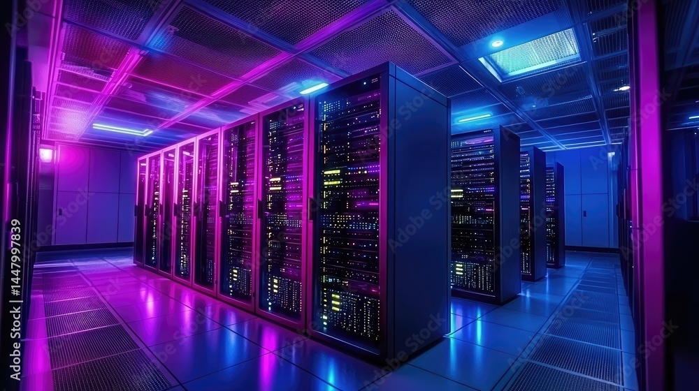 Fototapeta premium Colorful neon-lit data center with glowing server racks and ambient lights, perfect for digital storage, tech marketing, and futuristic visuals