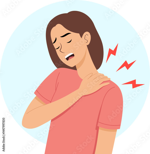 illustration of a young woman experiencing shoulder pain. Her facial expression shows discomfort.