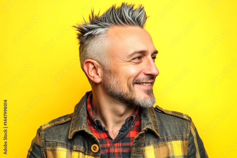 Obraz premium A stylish and glowing male with a relaxed aura. Yellow solid background. Fashionable men's colored punk haircut - midlife white man with grey hair. Idea of style for aging men.