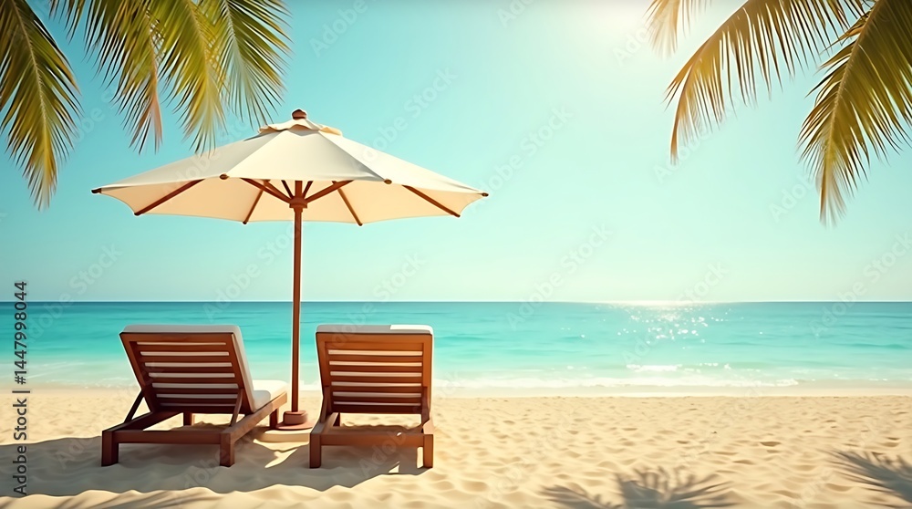 Obraz premium Serene tropical beach scene with wooden lounge chairs, white umbrella, golden sand, calm ocean, and palm fronds under a warm late afternoon sky.