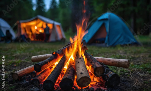 image of campfire in the middle of the campsite. generated by ai