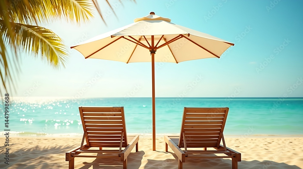Obraz premium Serene tropical beach scene with wooden lounge chairs, white umbrella, golden sand, calm ocean, and palm fronds under a warm late afternoon sky.