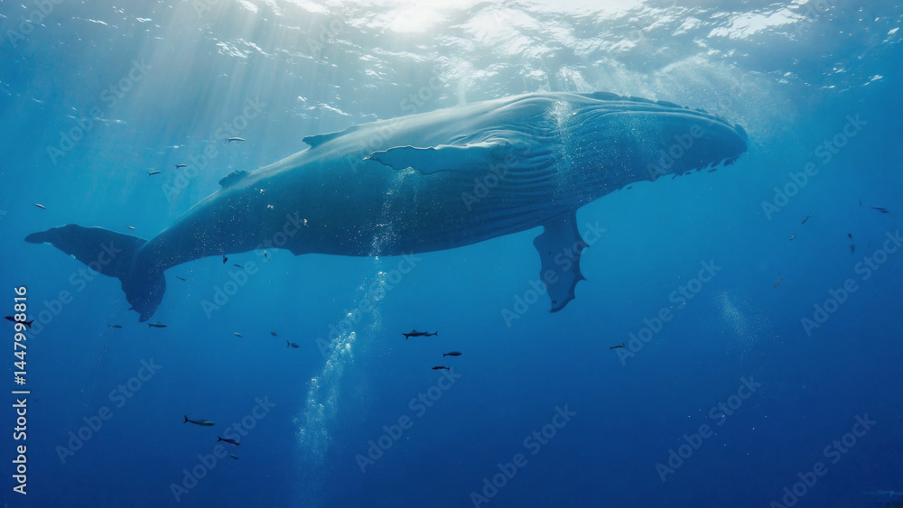 Naklejka premium A humpback whale swims through the open ocean, its body undulating as it moves through the water
