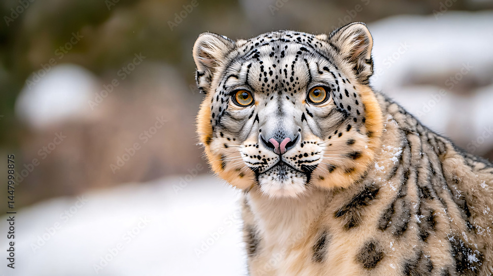 Fototapeta premium A captivating snow leopard gazes forward with its striking eyes in a snowy winter environment.