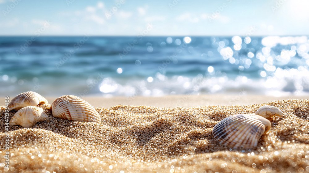 Several seas are scattered on the beach sand with a sparkling ocean in the background. Several seas are scattered on the beach sand with a sparkling ocean in the background.