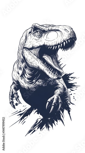 Wallpaper Mural A ferocious Tyrannosaurus Rex bursts through a ripped background in a dramatic monochrome illustration. Torontodigital.ca