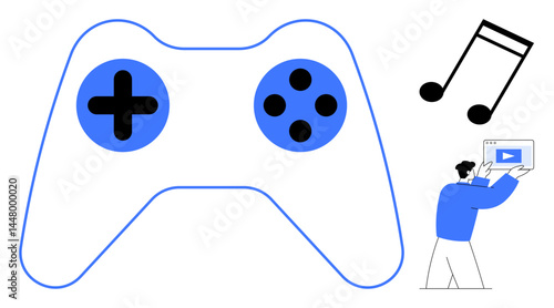 Game controller with black and blue buttons, music note, and a person setting up a video player. Ideal for gaming, technology, creativity, multimedia, streaming, entertainment simple landing page