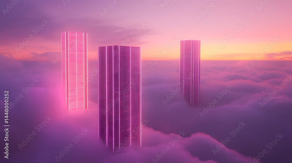 Fototapeta premium Abstract Skyscrapers in the Sky: Three abstract skyscrapers pierce through the clouds, with a vibrant pink glow that is highlighted against a gradient sky of pinks and purples. It's a modern.