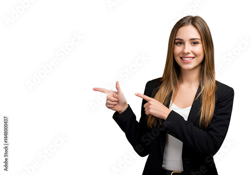 A smiling businesswoman pointing at a blank space, isplated