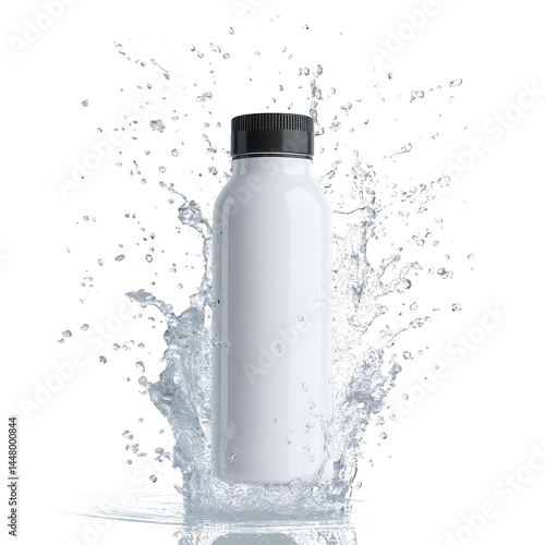 Glossy sports water bottle bursting with water, creating dynamic and refreshing splash, Isolated Transparent Background

