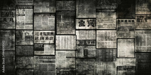 Vintage Japanese Calligraphy Collage on Grunge Black Background with Diverse Textures and Shapes