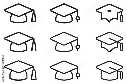 Colorful and Monochrome Graduation Cap Icons Set for Academic and Educational Design