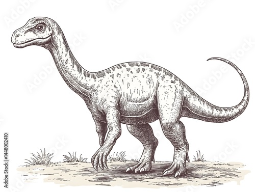 Fototapeta Naklejka Na Ścianę i Meble -  Detailed hand-drawn illustration of a majestic long-necked dinosaur standing on a pale landscape with sparse vegetation.