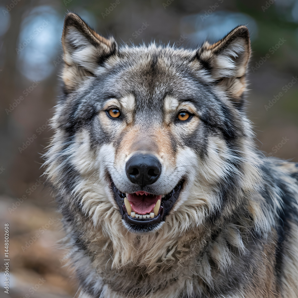 A close-up photograph of a gray wolf snarling and showing its teeth in a aggressive expression. A close-up photograph of a gray wolf snarling and showing its teeth in a aggressive expression.