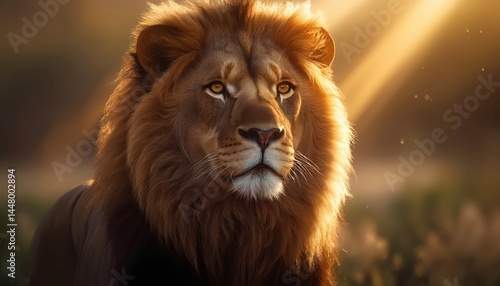 Lion portrait with golden sun rays shining in background.
