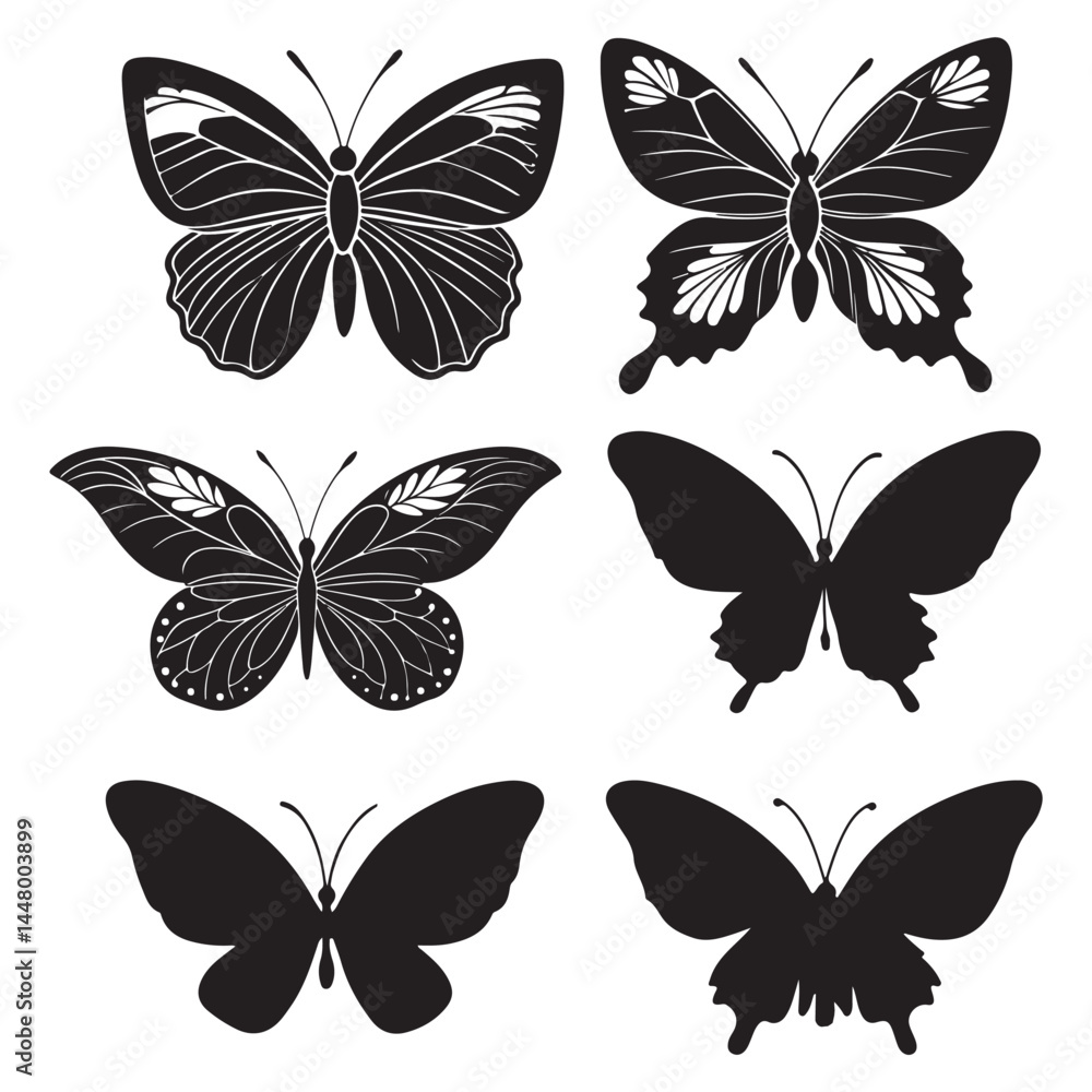 Black butterflies collection. Silhouettes, isolated Vector butterfly icon Black butterflies collection. Silhouettes, isolated Vector butterfly icon