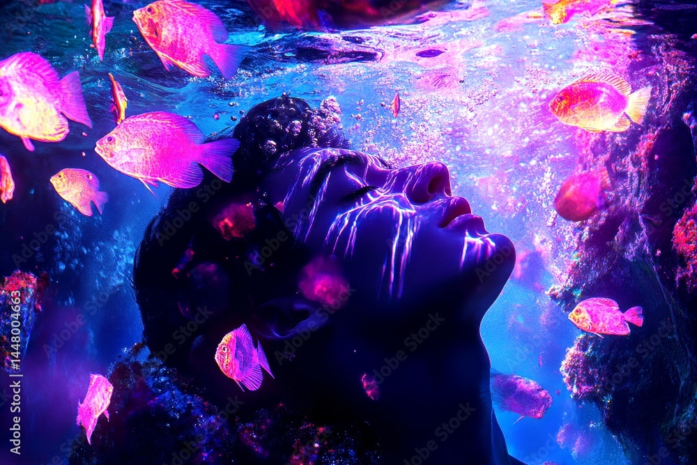 Trapped underwater - nightmares, bad dreams: abstract image of individual status. Stress nightmare. Metaphorical trapped underwater emotions of fear and despair. Creeping darkness. Hidden fea.