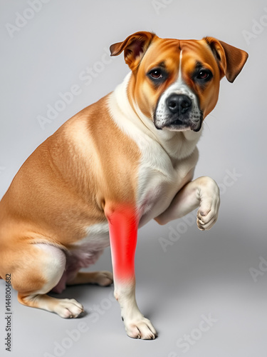 Injury pain is the sudden shock of discomfort, causing limping or reluctance to move: Depict a dog with injury pain, favoring a limb