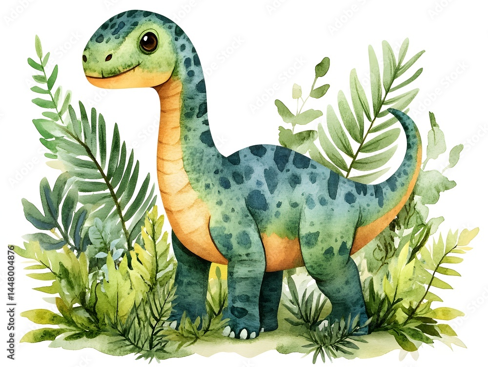 Obraz premium Adorable cartoon dinosaur surrounded by lush green tropical plants and ferns smiles sweetly in watercolor illustration.