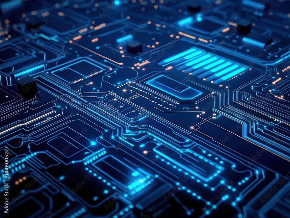 Abstract motherboard design with glowing blue lines and futuristic digital network concept Abstract motherboard design with glowing blue lines and futuristic digital network concept