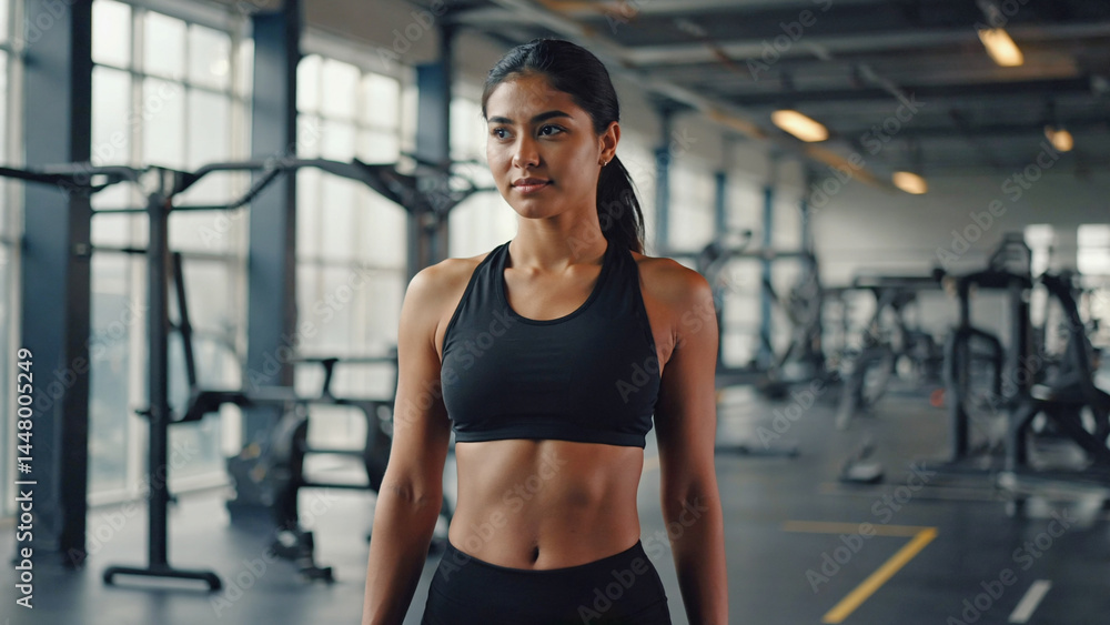 Fototapeta premium A woman wearing a black sports bra stands in a gym setting, ready for exercise or stretching