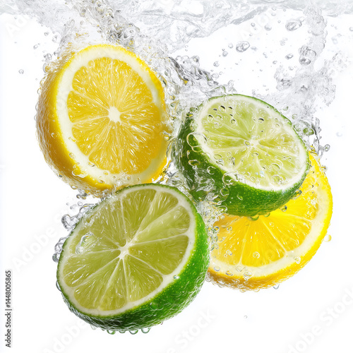 Falling citrus slices into sparkling water lemon, lime, bubbles, effervescent splash