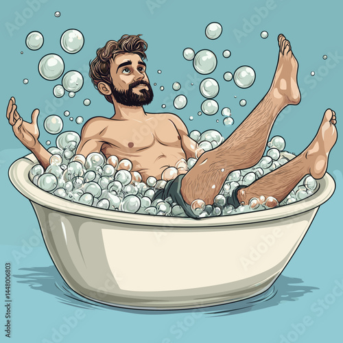 Cartoon style of a man enjoying a bubbly bath.