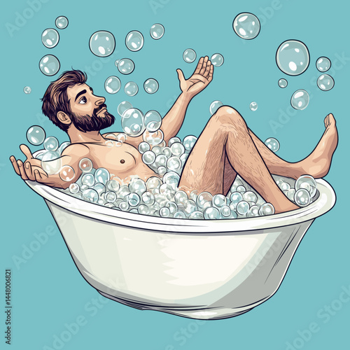 Cartoon style of a man enjoying a bubbly bath.