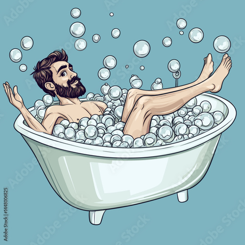 Cartoon style of a man enjoying a bubbly bath.