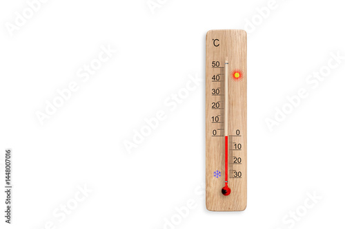 Wooden celsius scale thermometer isolated on white background. Ambient temperature zero degrees celsius