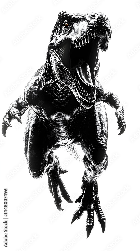 Fototapeta premium A fearsome Tyrannosaurus Rex roars fiercely in a dramatic black and white illustration perfect for posters, apparel or book covers.