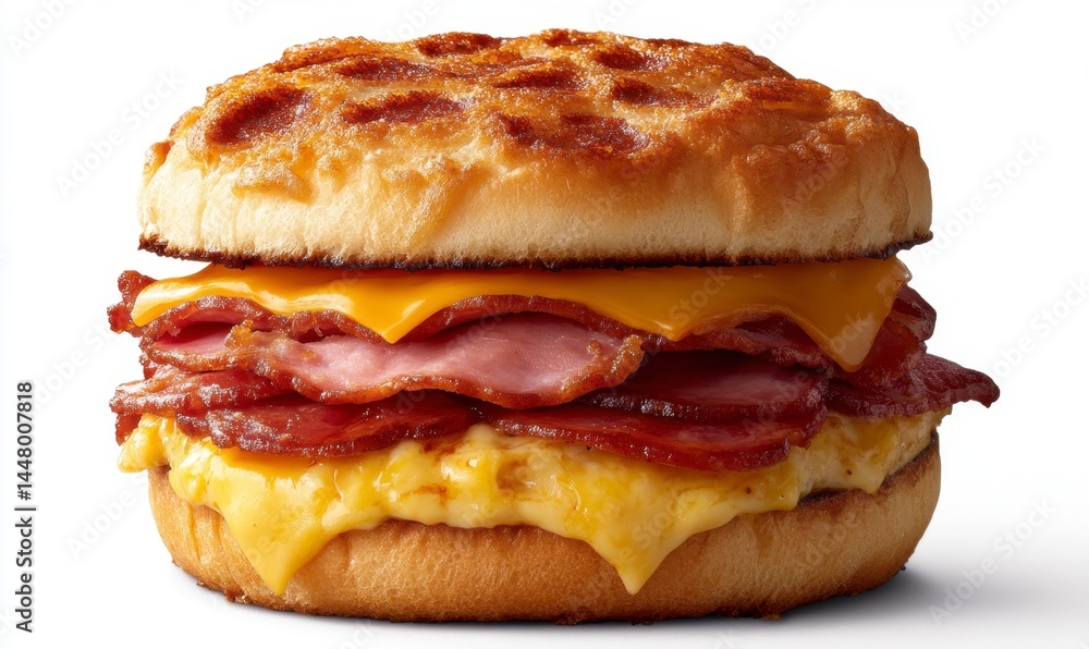 Delicious Breakfast Sandwich with Cheese, Ham, and Bacon Layers Delicious Breakfast Sandwich with Cheese, Ham, and Bacon Layers