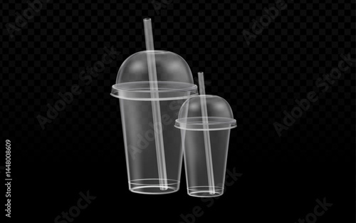 two empty transparent plastic cups with lids and straws against a transparent dark background.