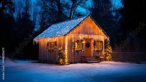 cozy christmas house with christmas lights in the evening in the park
