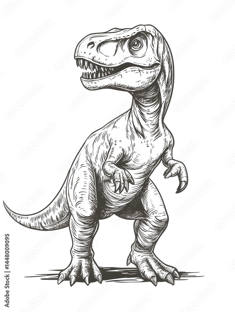 Fototapeta premium A detailed hand-drawn illustration of a Tyrannosaurus Rex dinosaur standing majestically against a clean white background perfect for educational