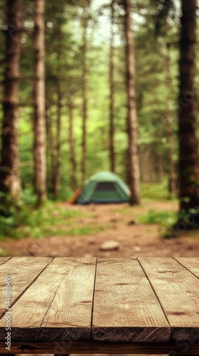 Rustic wooden table with blurred camping tent background in lush green forest serene nature backdrop for outdoor adventure and tranquil escape promoting summer vacation