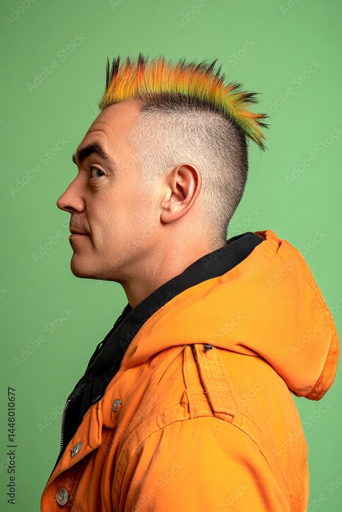 Modish men's colored spike haircut - midlife white man with black hair. An artistic man expressing confidence in his portrait. Green solid background. Idea of style for aging men.