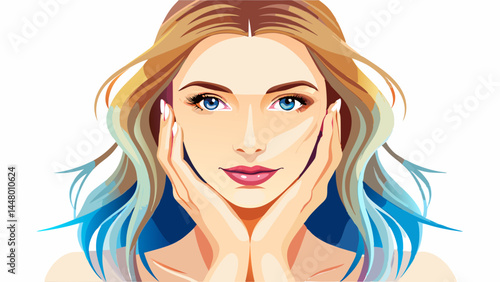 Close-up of smooth skin and calm expression.
Soft, nude makeup blends seamlessly with her tone.
Simplicity meets elegance in every detail.
Perfect for modern beauty vector illustration.

