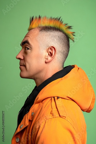 Obraz na płótnie Modish men's colored spike haircut - midlife white man with black hair. An artistic man expressing confidence in his portrait. Green solid background. Idea of style for aging men. w salonie
