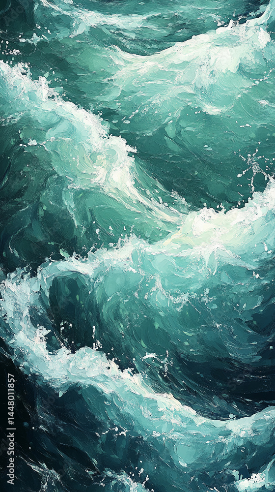 Obraz premium Teal and white textured ocean waves, abstract art style, evokes feelings of power, movement, and nature's beauty