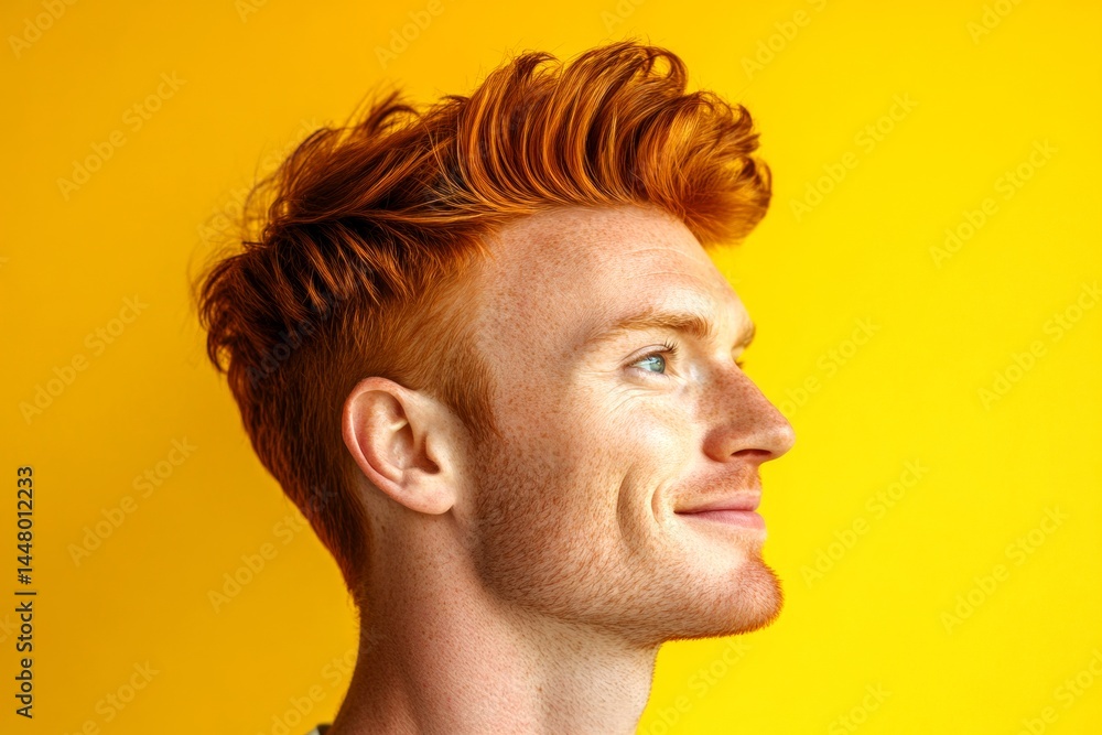 Yellow solid background. A cheerful and poised gentleman standing elegantly. Chic men's quiff haircut - midlife white man with red hair. Idea of style for aging men.