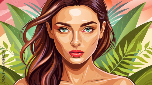 Close-up of smooth skin and calm expression.
Soft, nude makeup blends seamlessly with her tone.
Simplicity meets elegance in every detail.
Perfect for modern beauty vector illustration.

