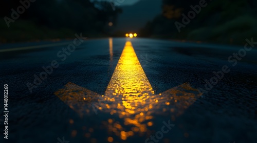 61. A glowing yellow arrow on a dark highway road