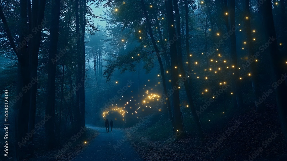 Fototapeta premium Enchanted Forest Path: The silhouette of two figures embark on an ethereal journey along a path through a mystical forest, illuminated by the enchanting glow of fireflies.