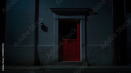 Mysterious Red Door at Night with Dark Shadows and Dim Lighting